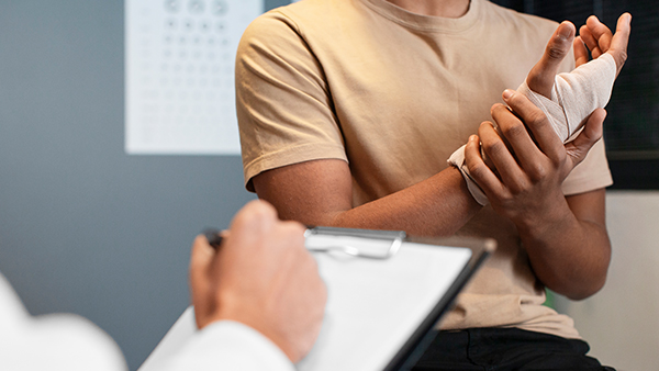 Person with a bandaged wrist speaking to another person holding a clipboard.